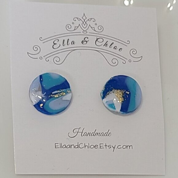 Handcrafted Blue White Gold Resin Gemstone Agate Marble Round Stud Earrings - Picture 5 of 5